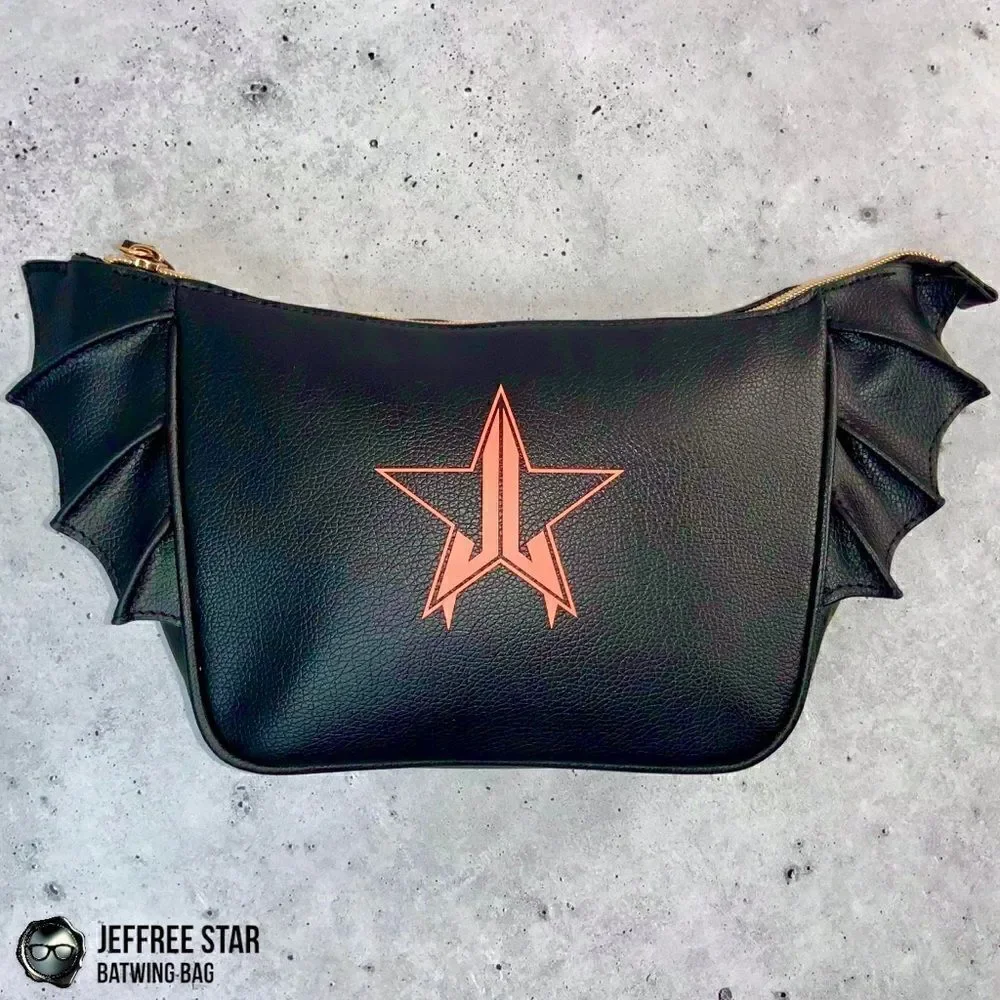 JEFFREE STAR BAT PURSE ZIPPER MAKEUP COSMETIC BAG IN BLACK VEGAN LEATHER BATWING